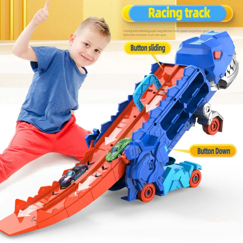 New product folding dinosaur Transporter Car Toys competitive game roll to eat & store die-cast cars（Come with2 Metal Cars）