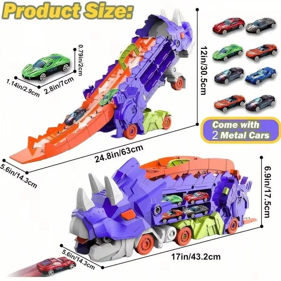 New product folding dinosaur Transporter Car Toys competitive game roll to eat & store die-cast cars（Come with2 Metal Cars）