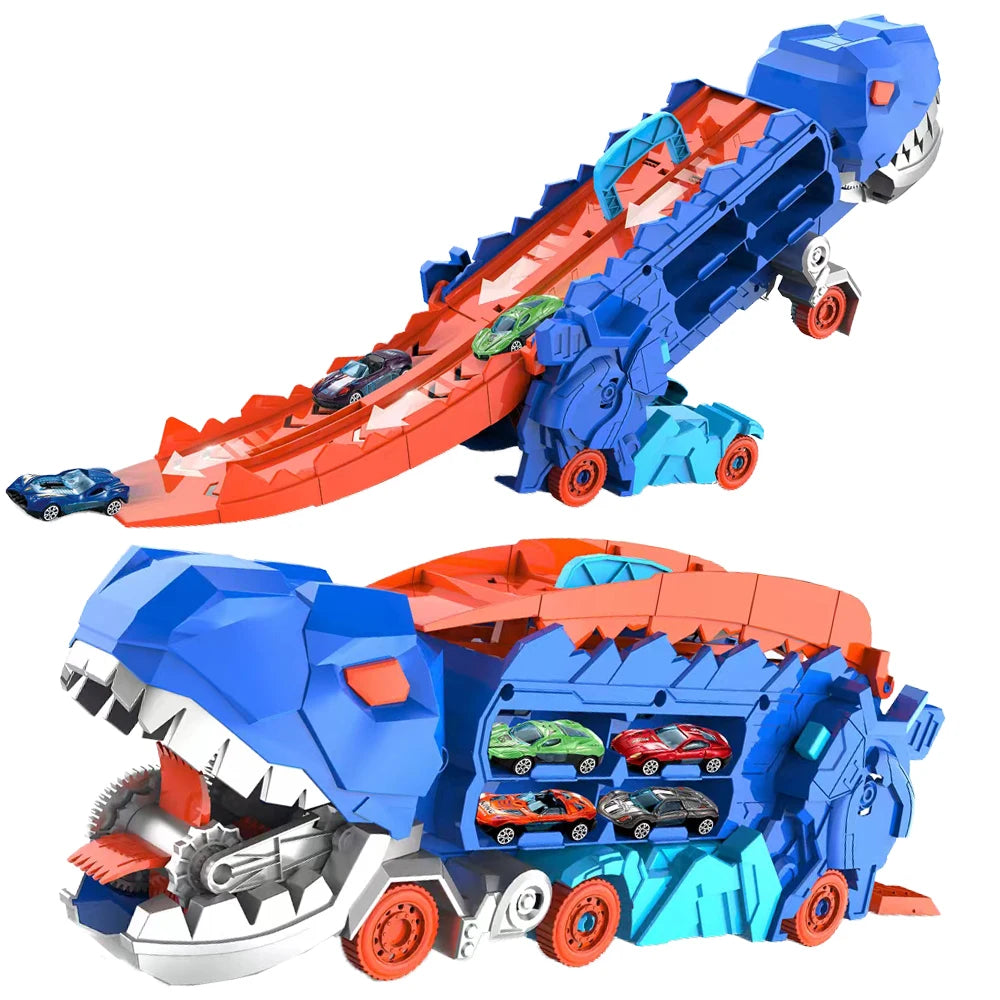 New product folding dinosaur Transporter Car Toys competitive game roll to eat & store die-cast cars（Come with2 Metal Cars）