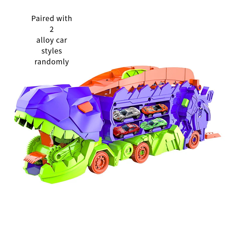 New product folding dinosaur Transporter Car Toys competitive game roll to eat & store die-cast cars（Come with2 Metal Cars）